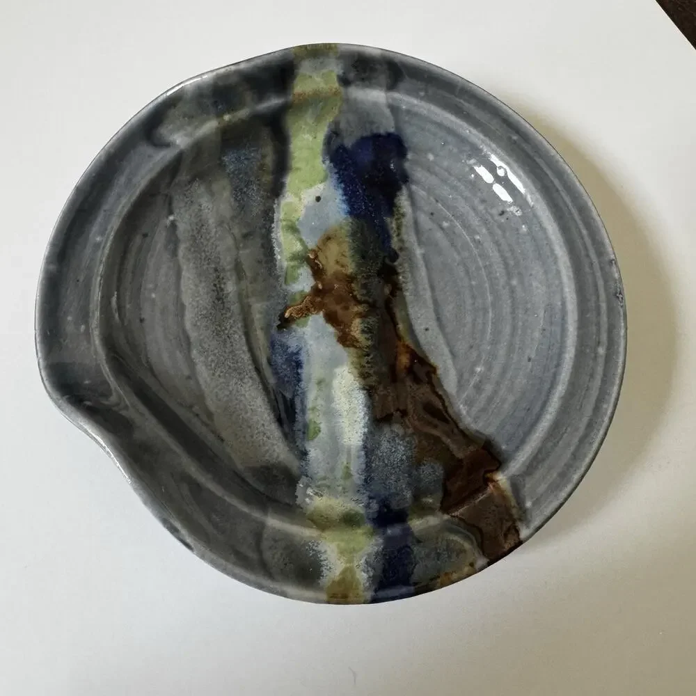 Studio Art Pottery Spoon Rest Bowl Dish Blue Gray Ocean Abstract Glazed Earthy